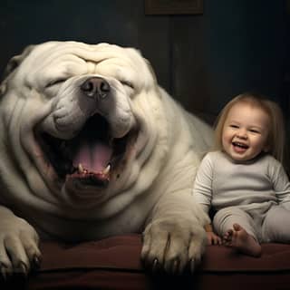 a plump baby smiling on a small terrified dog, a baby and a bulldog are sitting on a couch