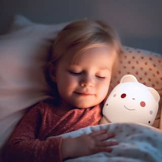 A sleeping toddler is tightly hugging a small glowing nightlight in a bright and modern children's bedroom The little girl's