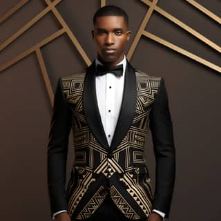 a tuxedo that incorporates the Neo-Nubian aesthetic merging the regal flair of traditional African styles with a futuristic