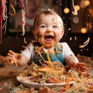 Un bebè felice mangia disordinatamente gli spaghetti su un piatto.