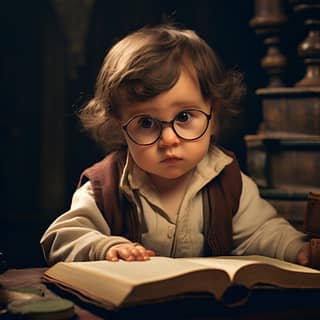 a very young and serious baby with glasses reading an enormous book