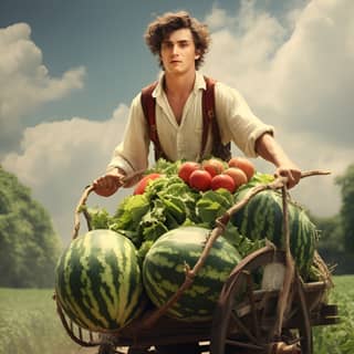 village farmer pushing produce cart downhill Watermelon Handsome, is pushing a cart full of watermelons