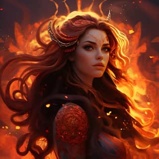 we see the zodiac sign aries as a goddess fire surrounding her a very beautiful woman with long hair with a dragon by her