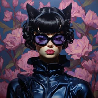 young Catwoman masked clothing on background black rubber dressed among tropical cobalt orchid flowered contrasting lights