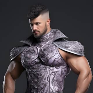 Culturista de 30 años con un cuerpo musculoso, hombros anchos y brazos fuertes vistiendo un vestido de alta costura de látex de Thierry Mugler en un vestido morado y una capa.