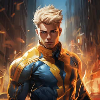 Os vingadores da Marvel ganham vida em um super-herói dinâmico, atlético e elétrico com um traje azul incrível.