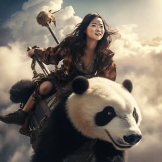 A Chinese girl sits on the back of a panda flying in the sky