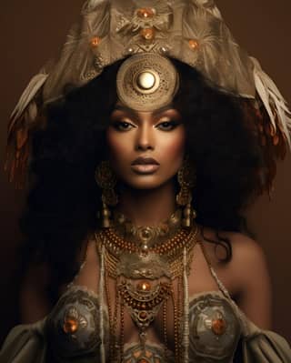 Etruscan bipoc glamorous, an african woman in a gold headdress