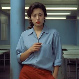 Jessica Henwick, uma mulher meio asiática, fica em uma sala de aula vazia usando um vestido azul em um thriller político ambientado na URSS em 1989.