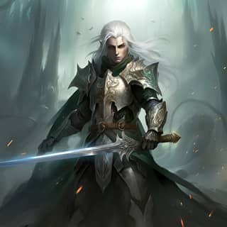 Male eladrin elf white hair green eyes oath of ancients paladin fighting an abyssal demon elven longsword full body