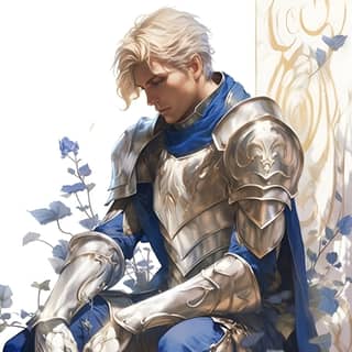 Pure Knight male Knight Rose Element body picture prominent legs valiant blonde hair blue and silver armor illustrations