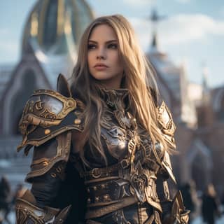 World of warcraft reality Girl in Moscow, woman in armor standing in front of a church