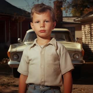 Um menino magro de três anos está em pé diante de um Chevrolet de 1952 em pose de reflexão dos anos 1960.