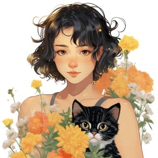 asian girl with black eyes and a black short hair style hugging a tabby cat and they both are happy The girl is wearing a