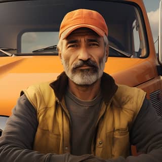 change the face of truck man, in orange hat and orange shirt sitting in front of a truck