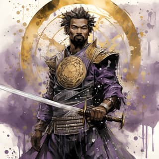 ink drawing black man with short beard wearing purple and gold samurai armor with strong lunar motifs wearing samurai swords