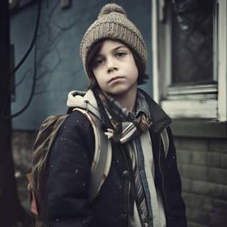 Der Junge trägt eine Winterjacke und einen Hut, Mimo Jr geht an dem Tag der Sonnenwende zur Schule.