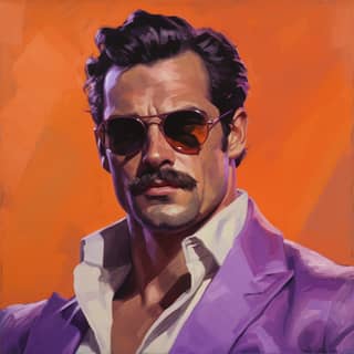 Henry Cavill porte un costume violet, des lunettes de soleil aviateur et une grosse moustache en souriant intensément avec une ambiance années 80 haute intensité.