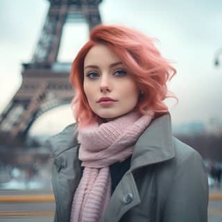 with slightly dark complexion and pink hair wearing a winter coat against the background of the eiffel tower