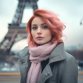 Belle jeune femme aux cheveux roses portant un manteau d'hiver devant la Tour Eiffel.