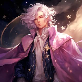 tall thin male wizard purple and silver robes with stars and moons on the fabric he is smiling his hair is silver and long