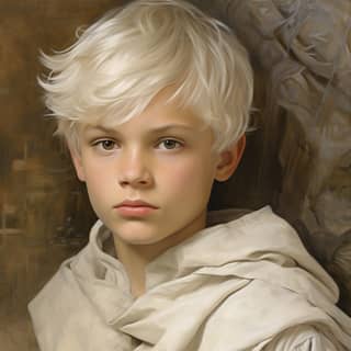 the boy wizard 12 years old in 16th century medieval fantasy setting tall gaunt thin white hair wearing a hood wearing white
