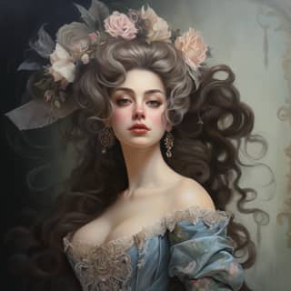 a unique gorgeous woman in rococo style portrait, with long hair and flowers in her hair