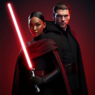 A white man and woman pose back to back The woman is wielding a double-bladed red lightsaber The man is wielding two red