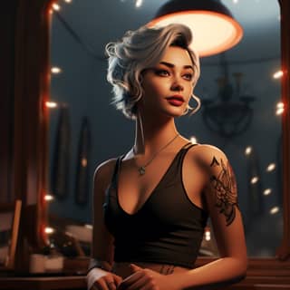 Ava Songbird is in a muisc venue chnage room staring into mirror ar 16:9
