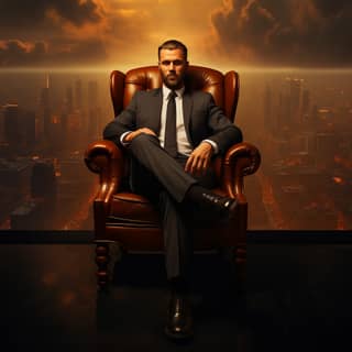 CEO of the company in the big brown leather chair serious face powerful tone dark colours background with the city from high