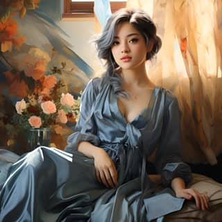 captivated oil painting art of young Japanese woman fashion posing gazing at me with adorable smile She is unwinding on