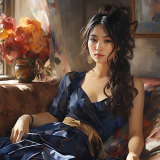 captivated oil painting art of young Japanese woman fashion posing gazing at me with adorable smile She is unwinding on