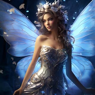 celestial fairy in the moonlight, fairy with blue wings and a dress