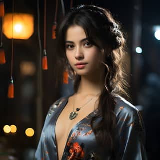 a girl Xianxia theme creating a strong sence of dynamic movemengt metal printed on clothes look at the audience Beautiful