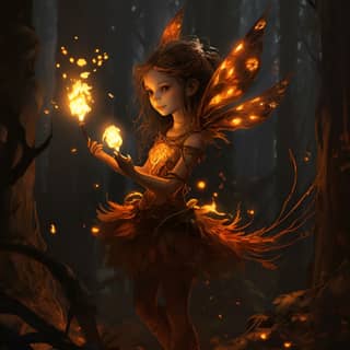 out in the dark woods a fire sprite or small elf dancing about camp fire flames mesmerizing enchanting