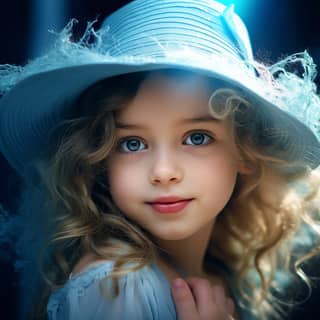 a photo print of a girl with a hat in the style of uhd image joyful and optimistic light cyan and blue childlike