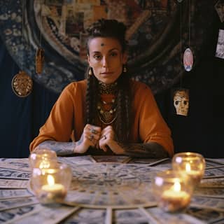 photography made with Kodak Portra 400 of a 40 year old spiritual women around a table with tarot card in the middle