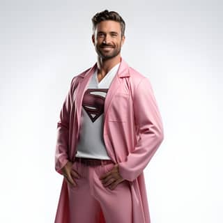 superman with cape dentist with medium beard subtle pink tones