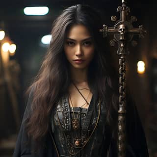 a warrior female asian priest with big hammer weapon on her back realistic photograph photography photocore