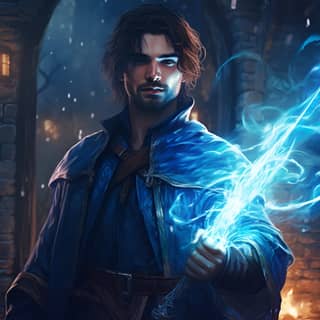 young village man holding glowing blue sword Magic Fantasy, the elder scrolls online - the mage