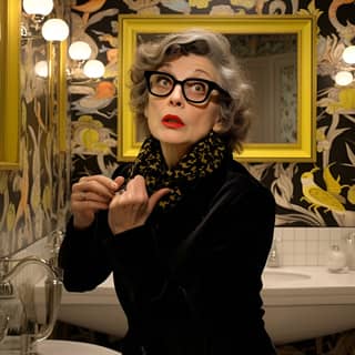 Actrice de théâtre dans une salle de bain d’hôtel bas de gamme ambiance noir style martin parr 2020 ultra photorealistic