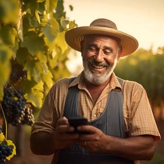 a Brazilian man farmer he plants grapes 50 years old she has a cell phone in her hands in the background this grape