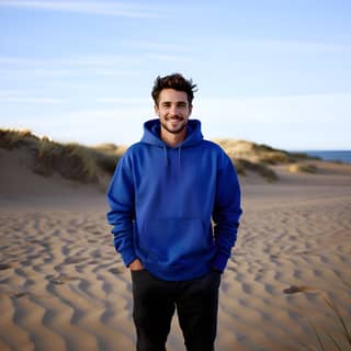 Großer Mann in einem blauen Kapuzenpulli steht am Strand neben einem See.