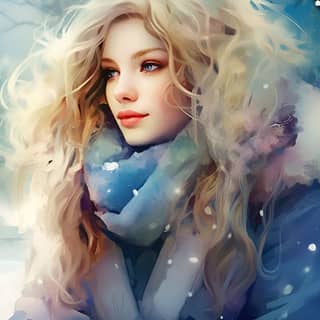 Woman sitting on a park bench beautiful woman looking at falling snow clear sky painting by Anna Dittmann gorgeous colorful