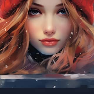 Woman sitting on a park bench beautiful woman looking at falling snow clear sky painting by Anna Dittmann gorgeous colorful