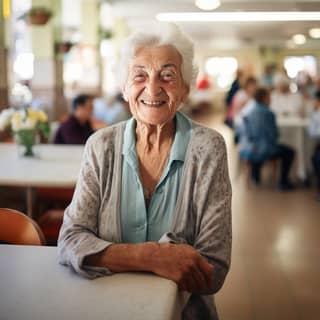 Uma mulher mais velha sorri enquanto está sentada em uma mesa em um centro para idosos.