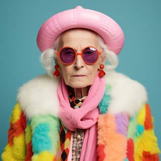 an older woman wearing a colorful hat and sunglasses