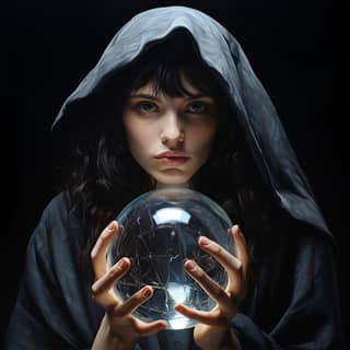 avatar d’une femme avec une boule de cristal, in a hood holding a crystal ball