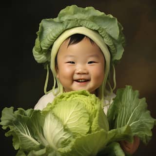 a baby smiling dressed in cabbage in the style of neue sachlichkeit meme art dao trong le quietly morbid konica big mini