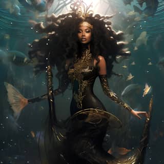 black mermaid princess full body underwater, mermaid with long hair and fish